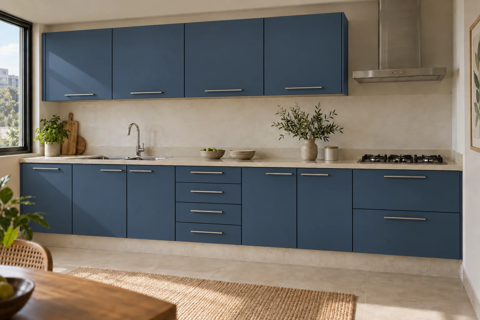 Simulação de cozinha com armários revestidos em azul petróleo